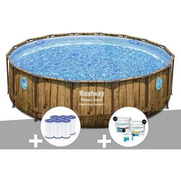 Kit piscine tubulaire ronde Bestway Power Steel avec hublots 4,88 x 1,22 m + 6 cartouches de filtration + Kit de traitement au chlore - Marron