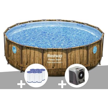 Kit piscine tubulaire ronde Bestway Power Steel avec hublots 4,88 x 1,22 m + 6 cartouches de filtration + Pompe à chaleur - Marron