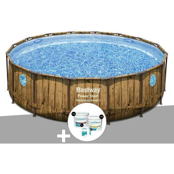 Kit piscine tubulaire ronde Bestway Power Steel avec hublots 4,88 x 1,22 m + Kit de traitement au chlore - Marron