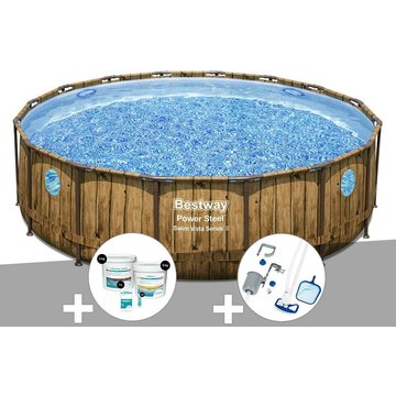 Kit piscine tubulaire ronde Bestway Power Steel avec hublots 4,88 x 1,22 m + Kit de traitement au chlore + Kit d'entretien Deluxe - Marron