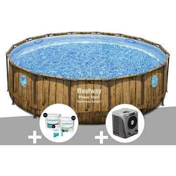 Kit piscine tubulaire ronde Bestway Power Steel avec hublots 4,88 x 1,22 m + Kit de traitement au chlore + Pompe à chaleur - Marron