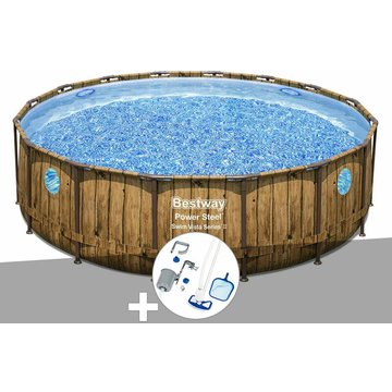 Kit piscine tubulaire ronde Bestway Power Steel avec hublots 4,88 x 1,22 m + Kit d'entretien Deluxe - Marron