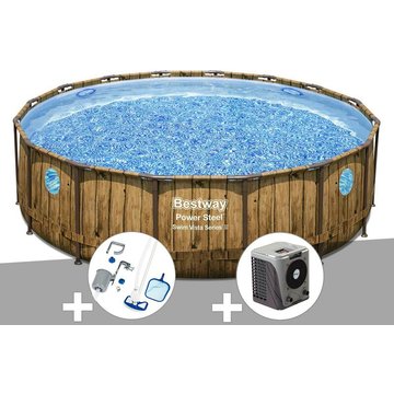 Kit piscine tubulaire ronde Bestway Power Steel avec hublots 4,88 x 1,22 m + Kit d'entretien Deluxe + Pompe à chaleur - Marron