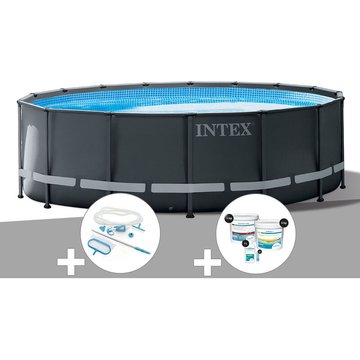 Intex Piscine - Kit Piscine Tubulaire Ultra XTR Frame Ronde 4,27 x 1,22m + Kit d'Entretien + Kit de Traitement au Chlore - Gris