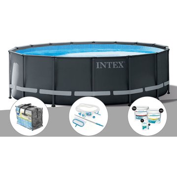 Intex Piscine tubulaire Ultra XTR Frame ronde 4,27 x 1,22 m + Bâche à bulles + Kit d'entretien + Kit de traitement au chlore - Gris