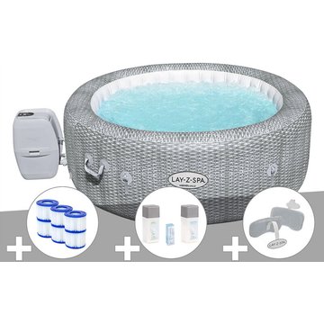 Kit spa gonflable Bestway Lay-Z-Spa Honolulu rond Airjet 4/6 places + 6 filtres + Kit traitement brome + 2 appuie-têtes - Gris