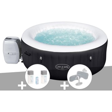 Kit spa gonflable Bestway Lay-Z-Spa Miami rond Airjet 4 places + Kit traitement brome + 2 appuie-têtes - Noir