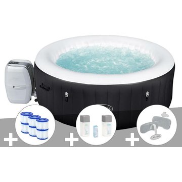 Kit spa gonflable Bestway Lay-Z-Spa Miami rond Airjet 4 places + 6 filtres + Kit traitement brome + 2 appuie-têtes - Noir