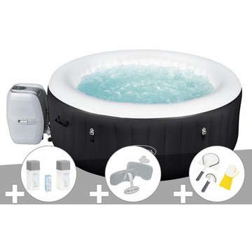 Kit spa gonflable Bestway Lay-Z-Spa Miami rond Airjet 4 places + Kit traitement brome + 2 appuie-têtes + Kit de nettoyage - Noir