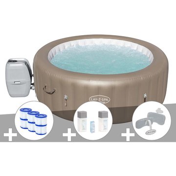 Kit spa gonflable Bestway Lay-Z-Spa Palm Springs rond Airjet 4/6 places + 6 filtres + Kit traitement brome + 2 appuie-têtes - Beige