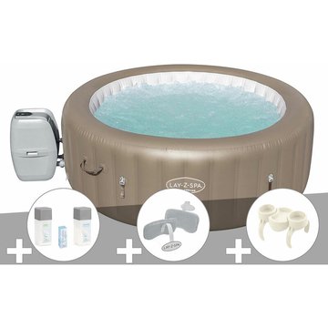 Kit spa gonflable Bestway Lay-Z-Spa Palm Springs rond Airjet 4/6 places + Kit traitement brome + 2 appuie-têtes + Kit de nettoyage - Beige