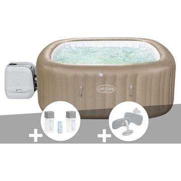 Kit spa gonflable Bestway Lay-Z-Spa Palma carré Hydrojet Pro 5/7 places + Kit traitement brome + 2 appuie-têtes - Beige