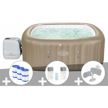 Kit spa gonflable Bestway Lay-Z-Spa Palma carré Hydrojet Pro 5/7 places + 6 filtres + Kit traitement brome + 2 appuie-têtes - Beige