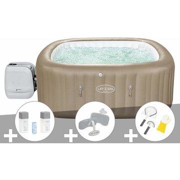 Kit spa gonflable Bestway Lay-Z-Spa Palma carré Hydrojet Pro 5/7 places + Kit traitement brome + 2 appuie-têtes + Kit de nettoyage - Beige
