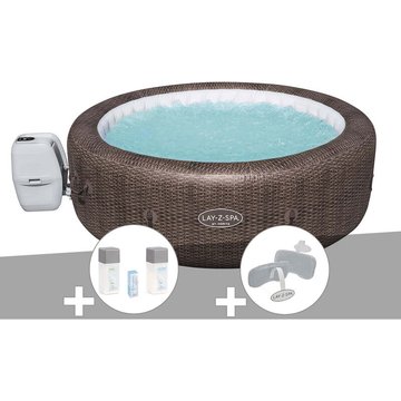 Kit spa gonflable Bestway Lay-Z-Spa St Moritz rond Airjet 5/7 places + Kit traitement brome + 2 appuie-têtes - Marron