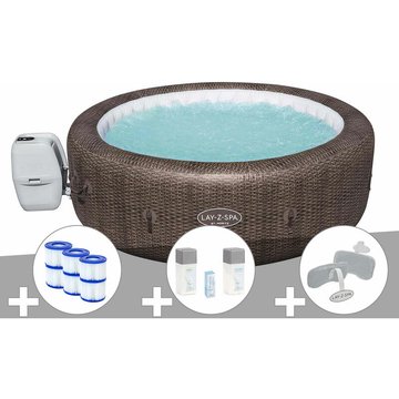 Kit spa gonflable Bestway Lay-Z-Spa St Moritz rond Airjet 5/7 places + 6 filtres + Kit traitement brome + 2 appuie-têtes - Marron