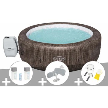 Kit spa gonflable Bestway Lay-Z-Spa St Moritz rond Airjet 5/7 places + Kit traitement brome + 2 appuie-têtes + Kit de nettoyage - Marron