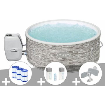 Kit spa gonflable Bestway Lay-Z-Spa Vancouver rond Airjet Plus 3/5 places + 6 filtres + Kit traitement brome + 2 appuie-têtes - Gris