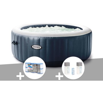 Kit spa gonflable Intex PureSpa Bleu Marine rond Bulles 4 places + 6 filtres + Kit traitement brome - Bleu