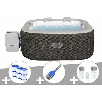 Kit spa gonflable Bestway Lay-Z-Spa Cabo carré Hydrojet 4/6 places + 6 filtres + Aspirateur à batterie + Kit de traitement au brome - Marron