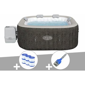 Kit spa gonflable Bestway Lay-Z-Spa Cabo carré Hydrojet 4/6 places + 6 filtres + Aspirateur à batterie - Marron