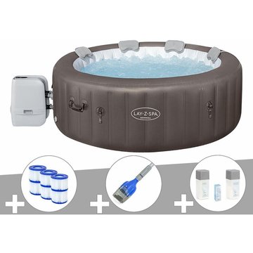 Kit spa gonflable Bestway Lay-Z-Spa Dominica rond Hydrojet 4/6 places + 6 filtres + Aspirateur à batterie + Kit de traitement au brome - Marron