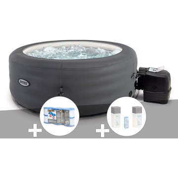 Kit spa gonflable Intex Piscine PureSpa Access rond Bulles 4 places + 6 filtres + Kit traitement brome - Gris