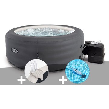 Kit spa gonflable Intex PureSpa Access rond à bulles, 4 places + Porte-verre + Aspirateur - Gris