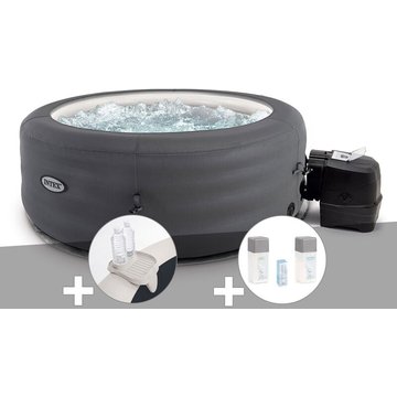 Kit spa gonflable Intex Piscine PureSpa Access rond bulles 4 places + porte-verre + kit traitement brome - Gris