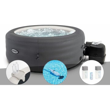 Intex Piscine - Kit spa gonflable PureSpa Access rond Bulles 4 places + Porte-verre + Aspirateur + Kit traitement brome - Gris