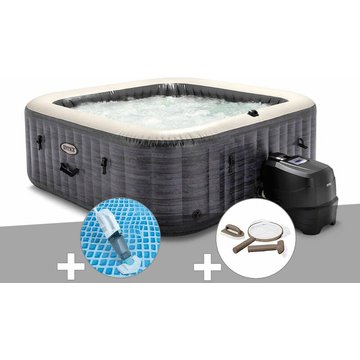 Intex Piscine - Kit Spa Gonflable PureSpa Ardoise Carré à Bulles 4 Places + Kit d'Entretien + Aspirateur