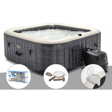 Kit spa gonflable Intex Piscine PureSpa Ardoise carré Bulles 6 places + 6 filtres + Kit d'entretien + Porte-verre - Ardoise