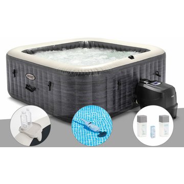 Kit spa gonflable Intex PureSpa Ardoise carré à bulles 6 places + Porte-verre + Aspirateur + Kit de traitement au brome - Ardoise