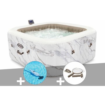 Intex Piscine - Kit spa gonflable PureSpa Calacatta carré Bulles 4 places + Aspirateur + Kit d'entretien - Blanc
