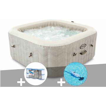 Kit spa gonflable Intex Piscine PureSpa Chevron carré Bulles 4 places + 6 filtres + Aspirateur - Beige