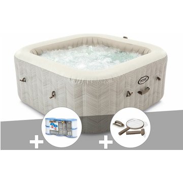 Kit spa gonflable Intex PureSpa Chevron carré à bulles 6 places + 6 filtres + Kit d'entretien - Beige
