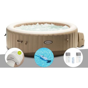 Kit spa gonflable Intex PureSpa Sahara rond à bulles 4 places + 2 appuie-têtes + Aspirateur + Kit de traitement au brome - Beige