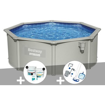 Kit piscine acier ronde Bestway Hydrium 3,60 x 1,20 m + Kit de traitement au chlore + Kit d'entretien Deluxe - Gris