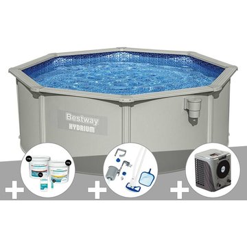 Kit piscine acier ronde Bestway Hydrium 3,60 x 1,20 m + Kit de traitement au chlore + Kit d'entretien Deluxe + Pompe à chaleur - Gris