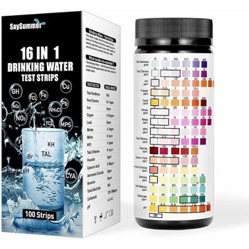 Testeur d'eau 16 en 1 SWYEOOT pour piscine, dureté de l'eau, 100 bandelettes de test pour l'eau du robinet, kit de test de l'eau pour plomb, pH, cuivre, fer, nitrate