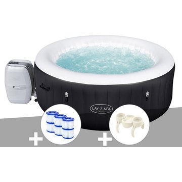 Kit spa gonflable Bestway Lay-Z-Spa Miami rond Airjet 4 places + 6 filtres + Porte-gobelets - Noir