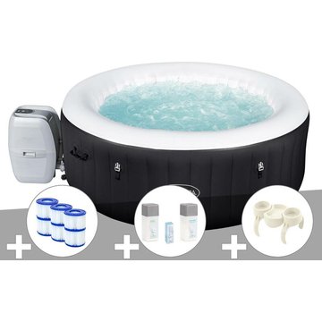 Kit spa gonflable Bestway Lay-Z-Spa Miami rond Airjet 4 places + 6 filtres + Kit traitement brome + Porte-gobelets - Noir