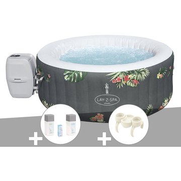 Kit spa gonflable Bestway Lay-Z-Spa Aruba rond Airjet 2/3 places + Kit traitement brome + Porte-gobelets - Gris