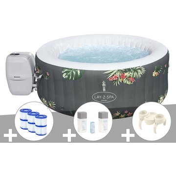 Kit spa gonflable Bestway Lay-Z-Spa Aruba rond Airjet 2/3 places + 6 filtres + Kit traitement brome + Porte-gobelets - Gris