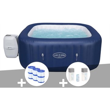 Kit spa gonflable Bestway Lay-Z-Spa Hawaii carré Airjet 4/6 places + 6 filtres + Kit traitement au brome - Bleu
