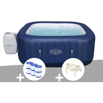 Kit spa gonflable Bestway Lay-Z-Spa Hawaii carré Airjet 4/6 places + 6 filtres + Porte-gobelets - Bleu