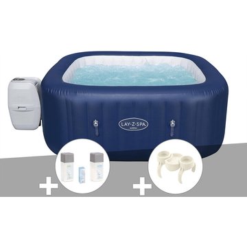 Kit spa gonflable Bestway Lay-Z-Spa Hawaii carré Airjet 4/6 places + Kit traitement brome + Porte-gobelets - Bleu