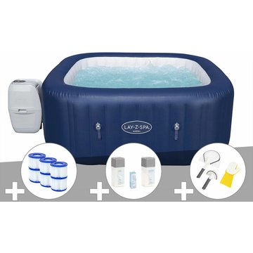 Kit spa gonflable Bestway Lay-Z-Spa Hawaii carré Airjet 4/6 places + 6 filtres + Kit traitement brome + Kit de nettoyage - Bleu