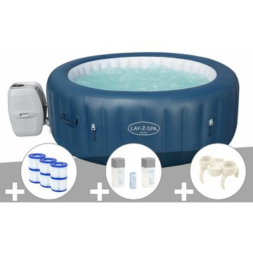 Kit spa gonflable Bestway Lay-Z-Spa Milan rond Airjet Plus 4/6 places + 6 filtres + Kit traitement brome + Porte-gobelets - Bleu