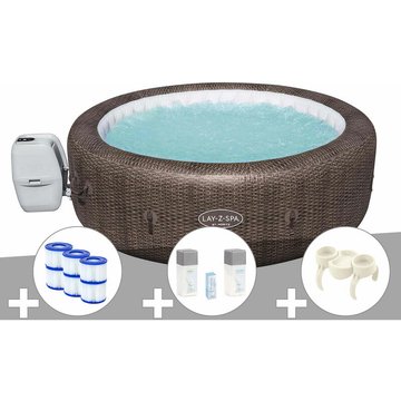 Kit spa gonflable Bestway Lay-Z-Spa St Moritz rond Airjet 5/7 places + 6 filtres + Kit traitement brome + Porte-gobelets - Marron